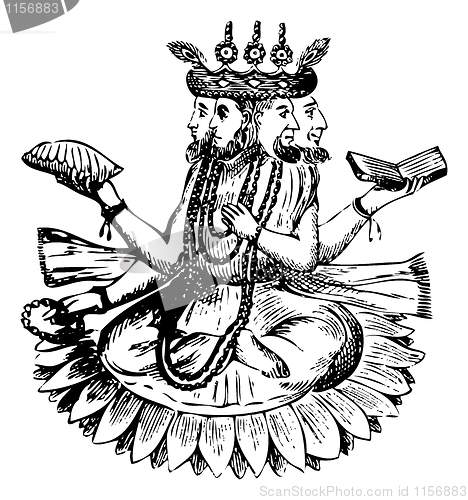 Image of Noah (Bramah) and his Three Sons on a Lotus After the Deluge