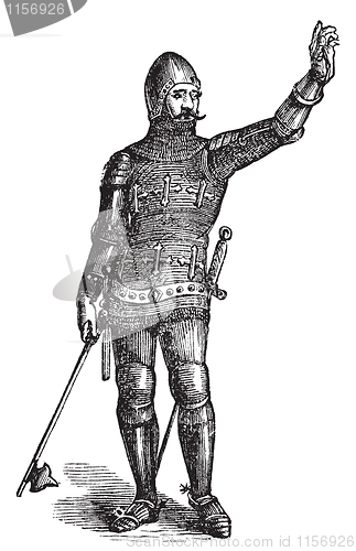 Image of French soldier in armor in 1370, old engraving