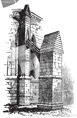 Image of Buttress arch of Lincoln Cathedral chapter, England. Old engravi