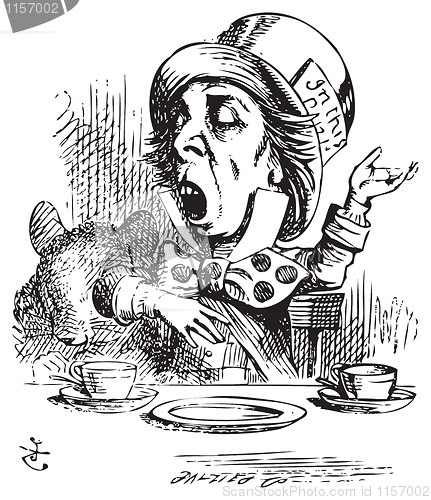 Image of Hatter engaging in rhetoric, Alice in Wonderland original vintag