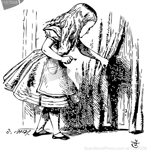 Image of Alice is looking behind a curtain to reveal a hidden door