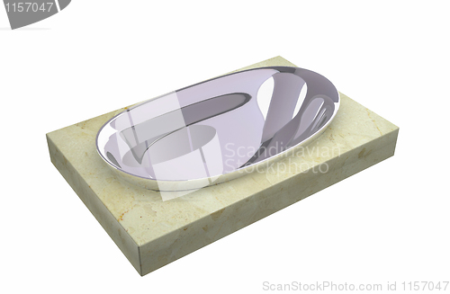 Image of Chrome soap holder sitting on a granite slab