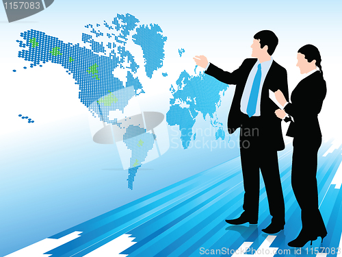 Image of Businessman and woman looking at a digital world map