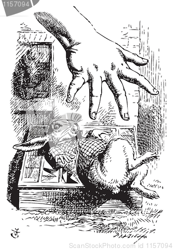 Image of Alice stretches her hand and tries to grab the White Rabbit