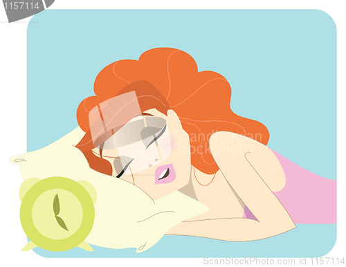 Image of Cute redhead woman sleeping next to a clock