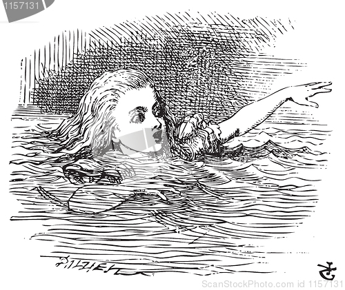Image of Alice Swimming in her pool of giant tears, up to her chin in sal