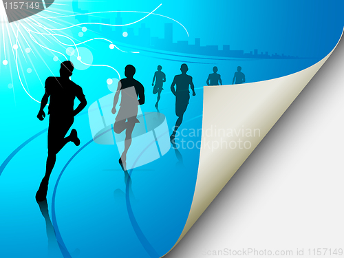 Image of Group of runners on a blue cityscape background, with the page f