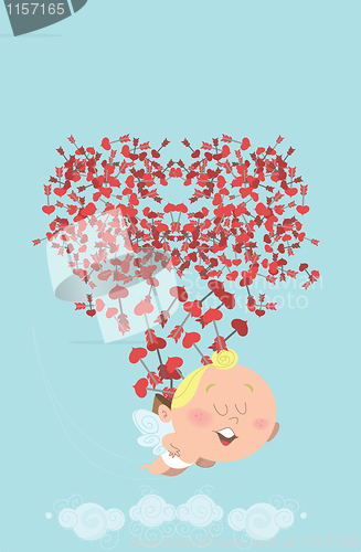 Image of Flying cupid losing his bag of heart arrows in the sky