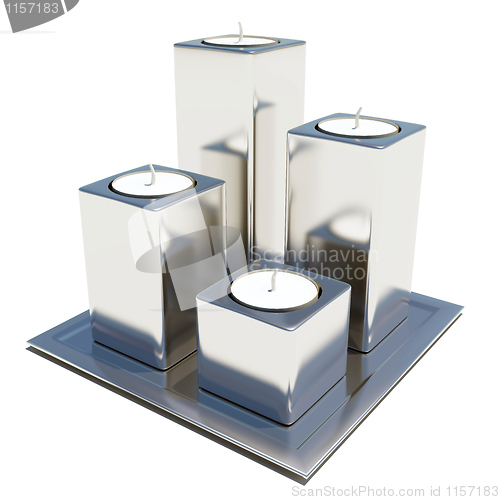 Image of Four silver or stainless candle holders on a platter