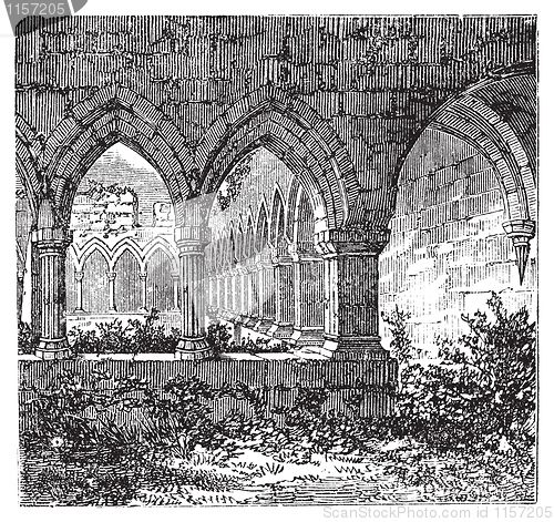 Image of Gothic cloisters and arch at Kilconnel Abbey, in County Galway, 