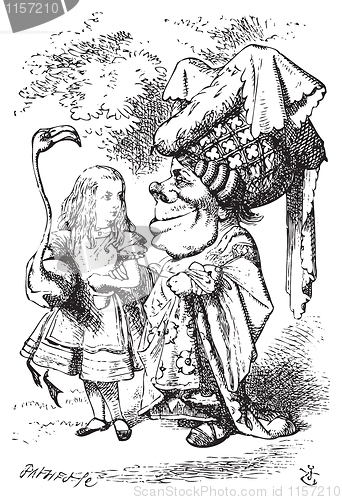 Image of Alice (with flamingo) chat with the Duchess - Alice's Adventures