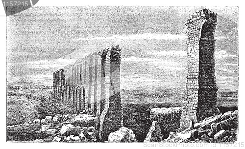 Image of Carthage roman aqueduct ruins old engraving.