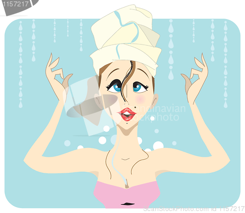 Image of Young brunette taking a shower with curly hair