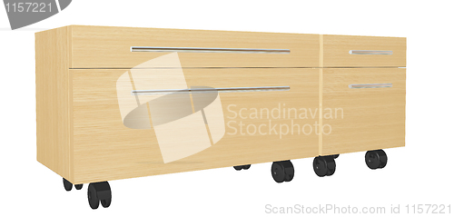 Image of Bedroom dresser with drawers, on wheels
