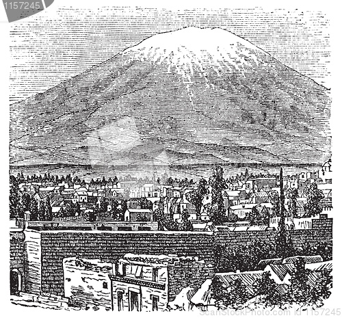 Image of Arequipa and the Misti volcano old engraving, in 1890.