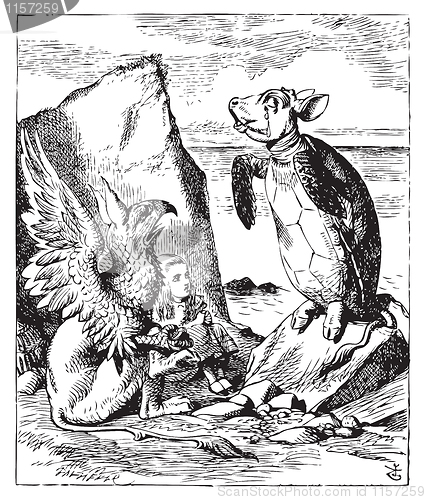 Image of The Mock Turtle and Gryphon sing to Alice - Alice's Adventures i