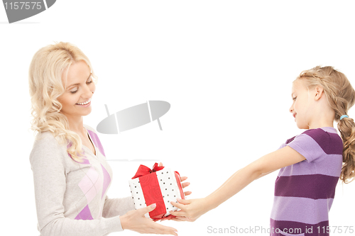 Image of mother and little girl with gifts