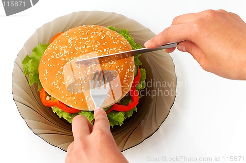 Image of Big hamburger on a plate meal time