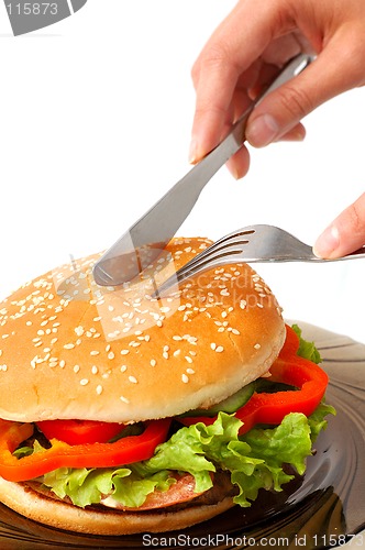 Image of Big hamburger on a plate meal time