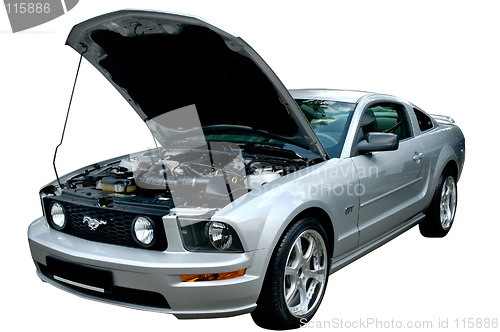 Image of Gray metallic car with opened hood isolated