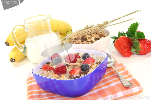 Image of muesli with milk, fresh fruits and nuts