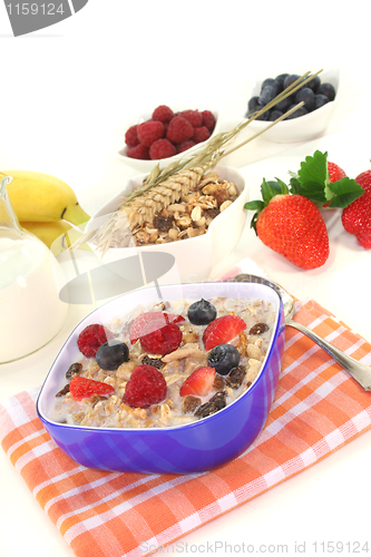 Image of muesli with milk, fresh fruits and nuts