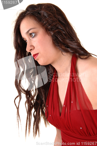 Image of Girl in red dress, closeup.