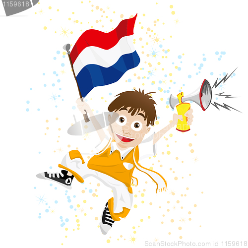 Image of Dutch Sport Fan with Flag and Horn