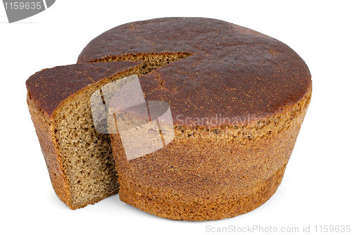 Image of Round loaf of rye bread with piece cut