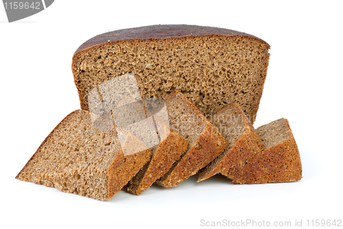 Image of Half of rye bread loaf and few slices