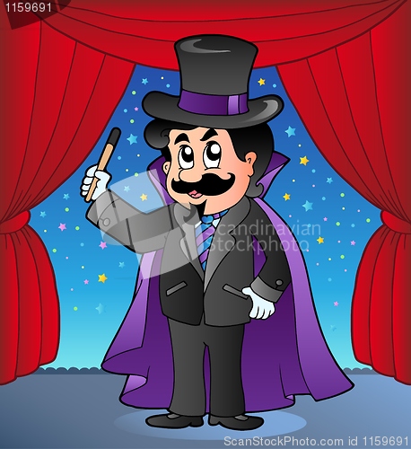Image of Cartoon magician on circus stage