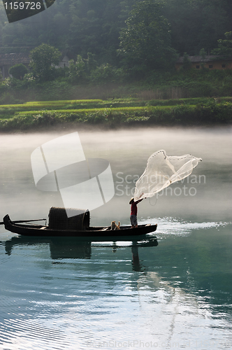 Image of Fisherman casting net on river