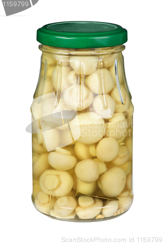 Image of Glass jar with marinated white mushrooms
