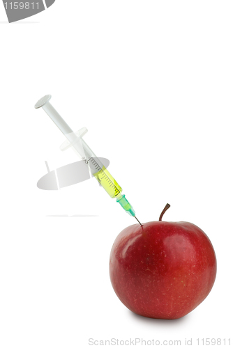 Image of GMO: apple and syringe with unknown green liquid