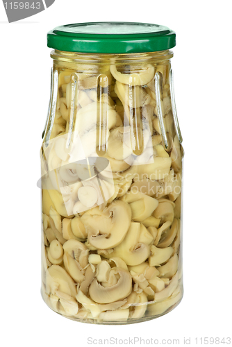 Image of Glass jar with sliced marinated white mushrooms