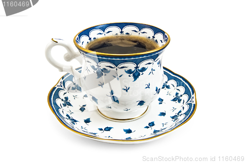 Image of Coffee in a porcelain cup with a blue pattern