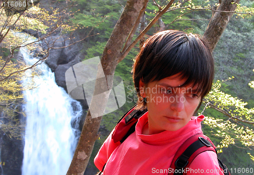 Image of Girl forest and waterfall