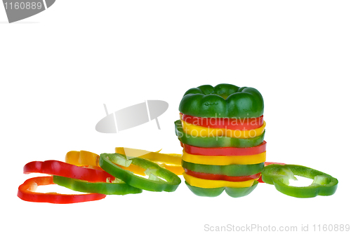 Image of Red, yellow and green bell pepper slices