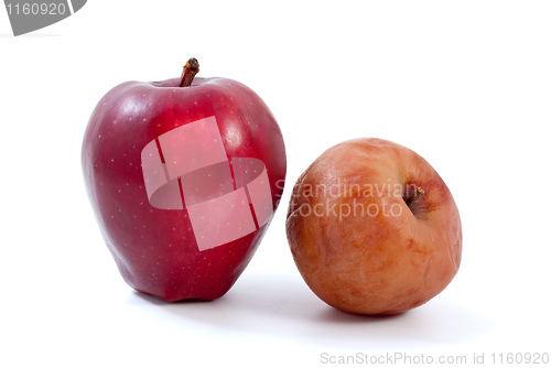 Image of Fresh red and brown rotten apples