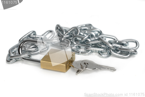 Image of Open padlock and chain with keys