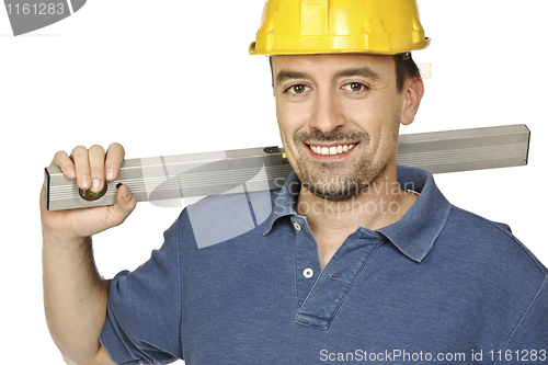 Image of confident handyman with spirit level