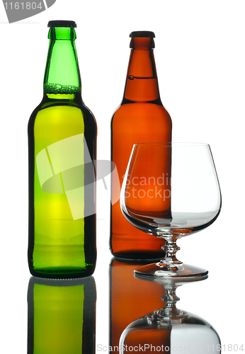 Image of Two bottles of beer and glass, isolated