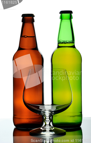 Image of Two bottles of beer and glass, isolated