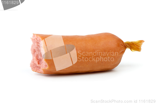 Image of Half-eaten sausage isolated on the white background