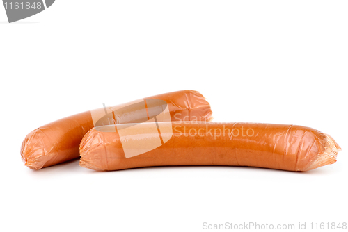 Image of Sausages wrapped in plastic cover. Isolated on white background
