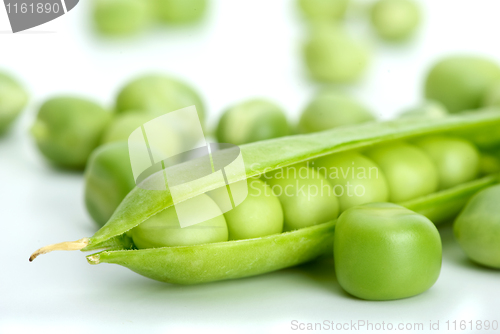 Image of Macro shot of cracked pod and green peas