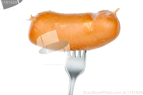 Image of Sausage on fork isolated on the white background