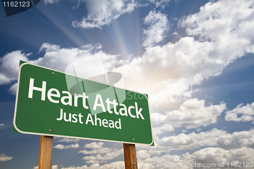 Image of Heart Attack Green Road Sign and Clouds