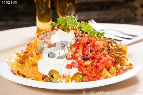 Image of fresh nachos and vegetable salad with meat