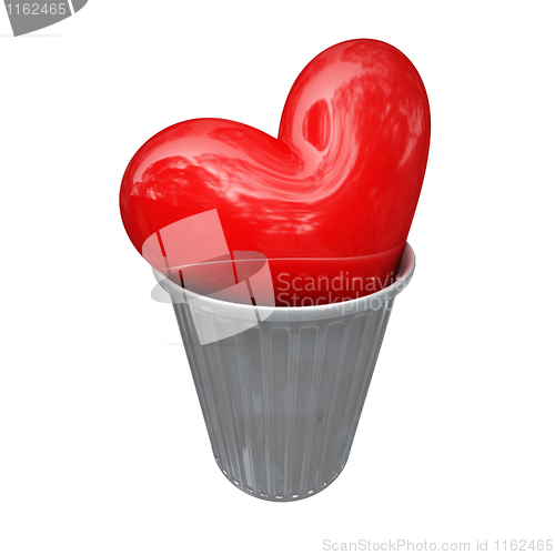 Image of red heart in trash can
